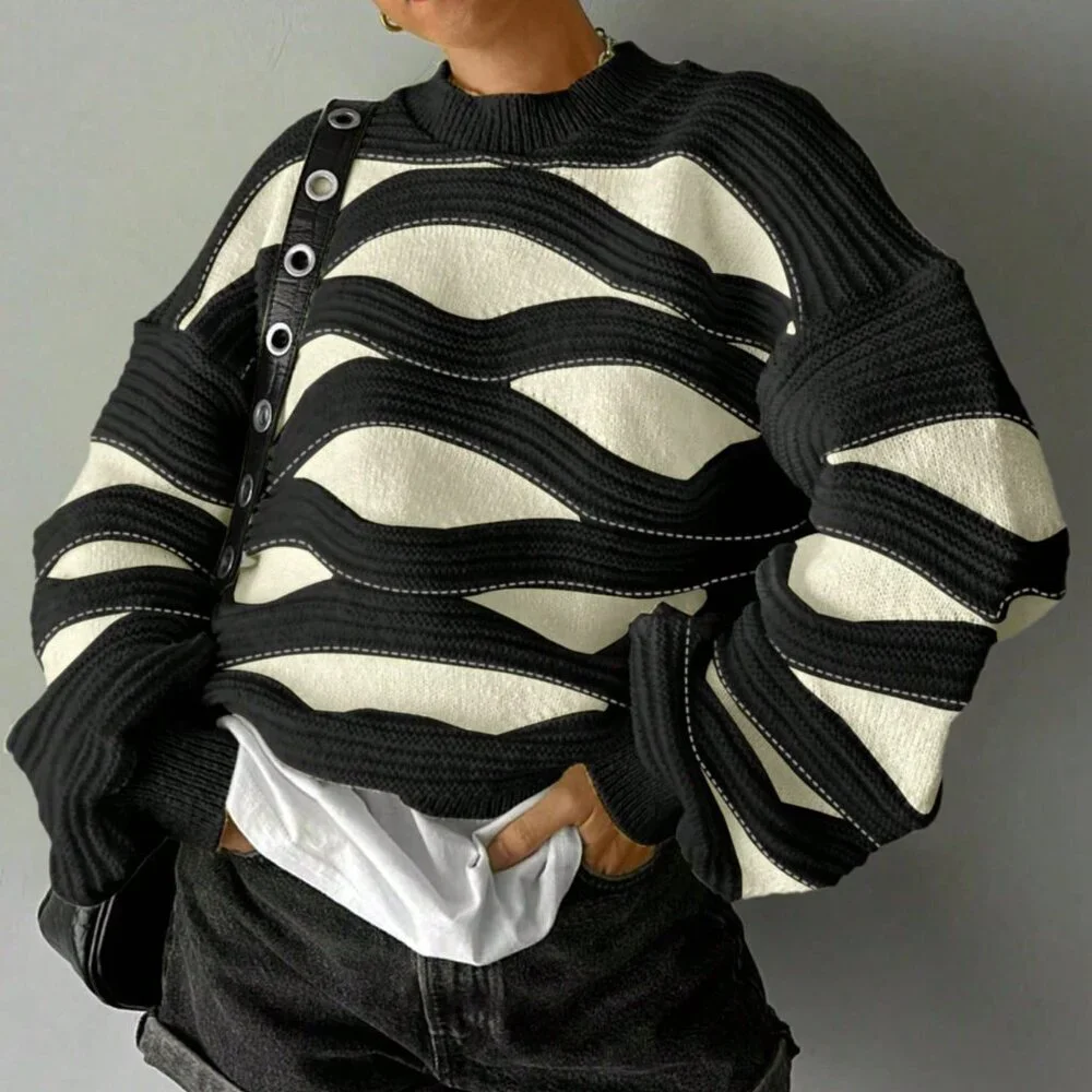 Black Casual Women's Round Neck Wave Stripe Color Long-Sleeved Knit Sweater - Picture 4 of 4